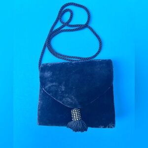 90s Vintage Navy Crushed Velvet Tassel Crossbody Cocktail Purse